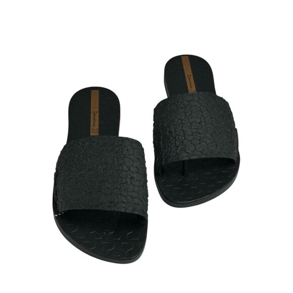 IPANEMA Wide Strap Slide Sandals Sz 5 Black Textured Recyclable Rubber Beachwear - Picture 2 of 7